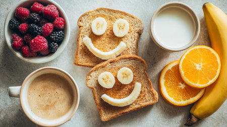 Bright morning scene featuring sunny smiley face toast, juicy berries, vibrant orange wedges, and a cozy mug, creating a joyful start to the day.の写真素材