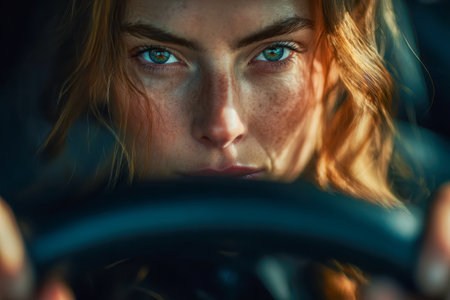 A woman with vivid green eyes and adorable freckles concentrates deeply behind the wheel, illuminated by warm, moody lighting that highlights her determination.のeditorial素材