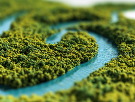 An overhead view reveals a meandering waterway weaving through lush, vividly colored trees, forming...