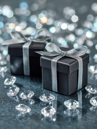 Luxurious black gift packages adorned with shimmering silver bows, set amidst glittering gemstones...