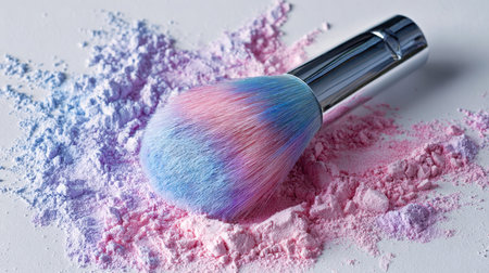 A lively pastel-hued brush lies delicately on a surface sprinkled with violet and rose-toned powder,...