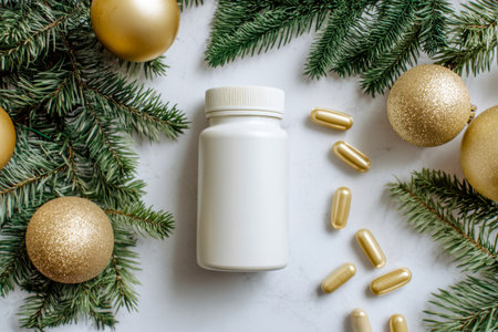 A sleek white container filled with shimmering gold capsules rests among pine sprigs and shiny gold decorations, evoking a sense of seasonal health and festive vitality.の写真素材