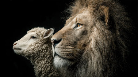 A regal lion and a gentle sheep face each other against a dark backdrop, highlighting the stark...