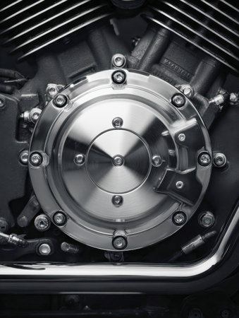 A close-up of reflective metal motorcycle parts, showcasing precision bolts and complex engine...