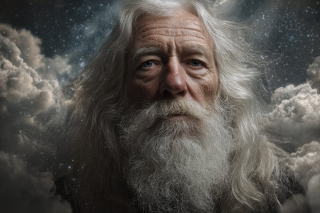 An insightful elderly man with flowing white hair and beard gazes thoughtfully, set against a...