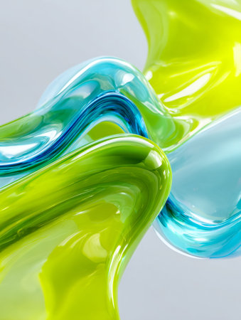 An intricate arrangement of luminous glass art featuring flowing green and blue patterns that evoke...