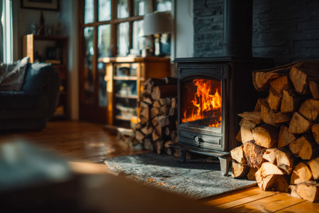 A inviting space featuring a glowing fireplace, rustic wooden floor, and neatly arranged firewood,...