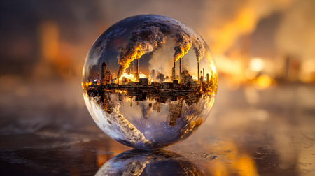 A reflective glass orb captures a metropolis?s silhouette against a blazing sunset, highlighting environmental impact through a striking urban contrast.のeditorial素材