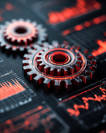 Futuristic touchscreen with illuminated mechanical gears and vibrant data graphs, creating a dynamic...