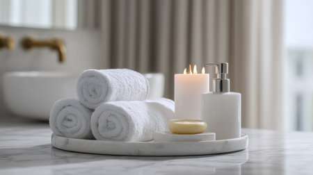 Elegant white rolls, warm candlelight, and a sleek soap dispenser rest on a marbled surface, evoking...