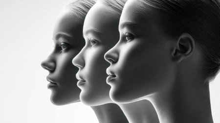 Three sophisticated women with pristine skin and sleek, pulled-back hairstyles stand in a graceful...