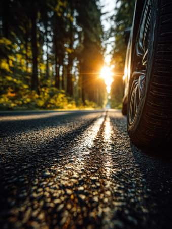 A sleek vehicle gazes upward from a winding woodland trail, with the warm glow of dusk casting long...