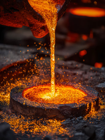 Hot, shimmering liquid metal flows smoothly into a shaped cavity, illuminating the industrial...