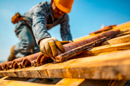 A meticulous craftsman secures roof tiles onto a timber frame, set against a vibrant azure sky, showcasing craftsmanship and outdoor building expertise.の写真素材