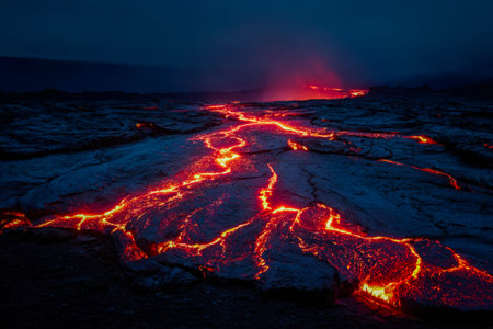 Fiery molten rivers carve a radiant path through the shadowy terrain, illuminating the desolate...