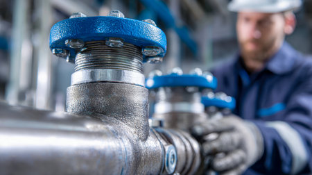 A detailed view of a vibrant blue-handled valve, controlled by a technician donning protective gloves and uniform amid a busy industrial plant background.のeditorial素材