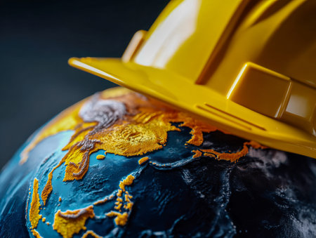 A vibrant yellow helmet gazes peacefully atop an intricately textured globe, symbolizing the vital...