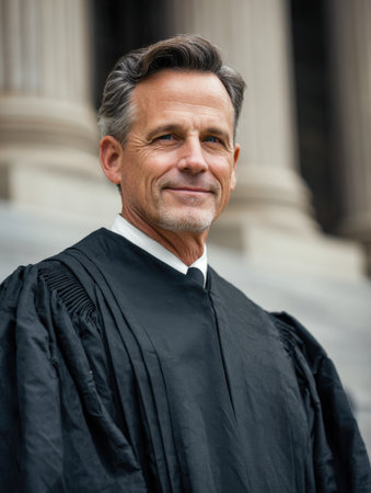 A poised, middle-aged judge in classic black robes stands outdoors under bright sunlight, with historic courthouse columns framing a backdrop of authority and justice.のeditorial素材