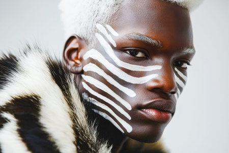 A vibrant portrait featuring a youthful individual with striking white facial markings and...