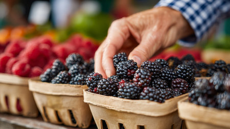 A detailed shot capturing a hand gently choosing plump, juicy blackberries from a colorful basket...