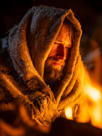 A man in cozy layers sits quietly, immersed in thought, as flickering flames cast a gentle glow, evoking warmth, introspection, and tranquility.のeditorial素材
