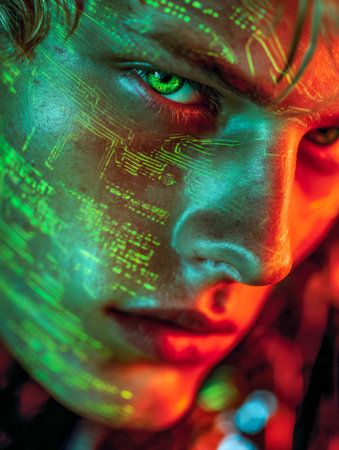 A detailed facial portrait featuring a luminous green gaze, set against a backdrop of advanced...