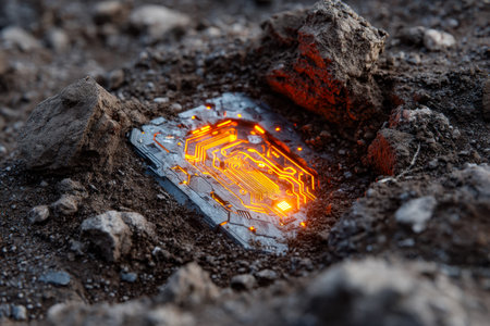 A luminous, advanced microdevice rises from rough terrain, blending technology with nature,...