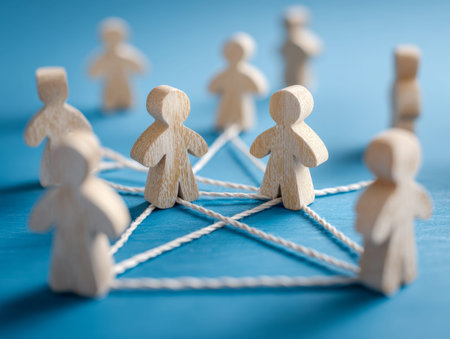 Wooden figures linked by colorful threads on a vibrant blue background illustrate collective effort,...