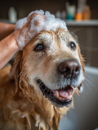 A joyful golden retriever drenched in water, smiles brightly as soft foam covers its head during a gentle bath in a cozy bathroom.の写真素材