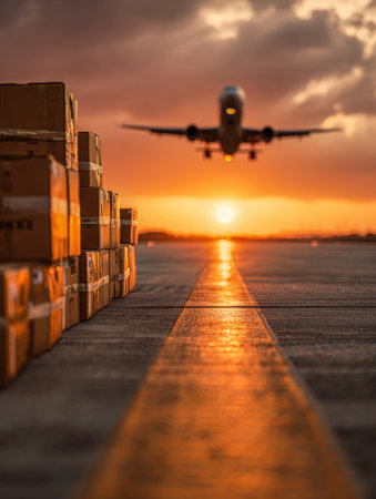 Brightly colored storage containers line the tarmac as a sleek passenger aircraft descends towards the runway beneath a dramatic orange sunset sky.の写真素材