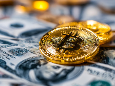Silver and gold blockchain tokens rest atop a stack of crisp dollar notes, symbolizing the fusion of...