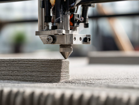 A cutting-edge robotic device expertly lays intricate concrete layers, showing next-generation...