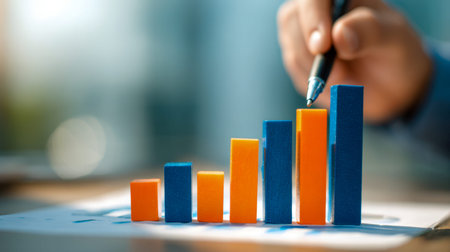 A professional?s hand with a pen emphasizing an upward-trending vibrant bar graph on a sleek desk...