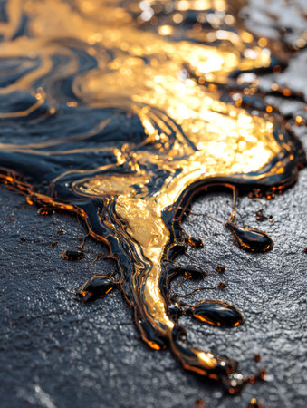 A detailed shot capturing shimmering black liquid with radiant golden highlights on a rough textured...