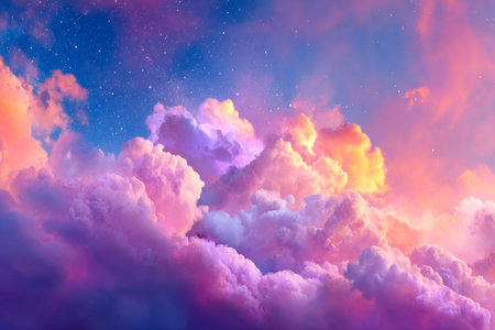 Soft pinks and blues blend seamlessly across a tranquil evening sky, illuminated by twinkling stars...