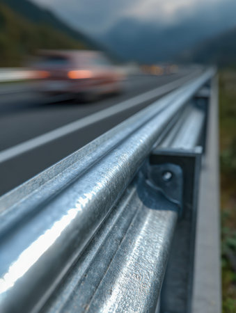 Vehicles cruising along a winding mountain road bordered by safety barriers, surrounded by lush...