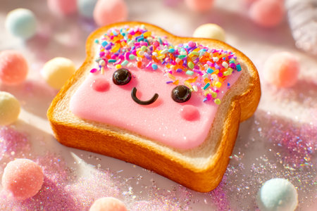 A charming kawaii-style toast featuring rosy pink glaze, colorful rainbow sprinkles, and a cheerful...