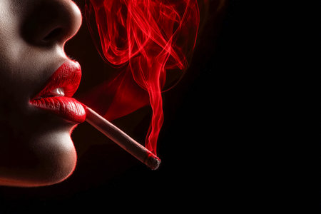 A striking profile of a woman with bold red lips, exhaling wisps of smoke against a dark backdrop, exuding mystery and elegance.の写真素材