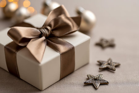 A pristine white present featuring a lustrous bronze satin bow, complemented by shimmering star...