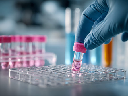 A skilled technician, clad in protective blue gloves, carefully inserts a vibrant pink liquid sample...