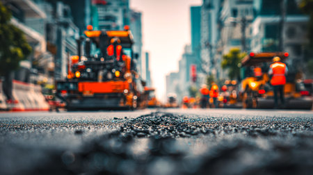 Workers in high-visibility gear maneuver heavy machinery amidst bustling city streets, capturing the...