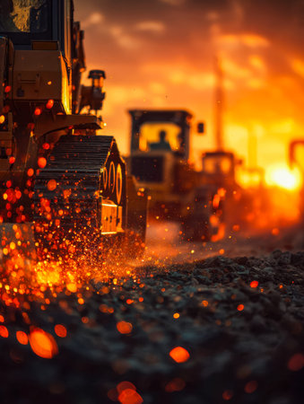 Steel giants wield flames and sparks as evening paints a fiery canvas, capturing relentless industry...