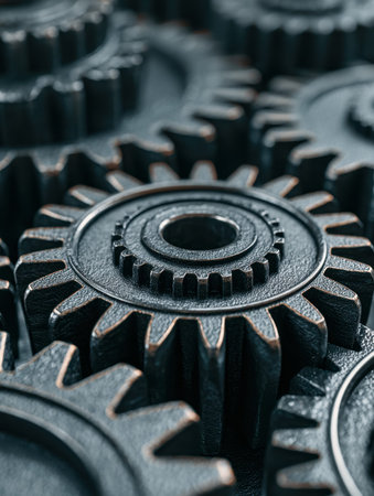 Intricate metal cogs interlock tightly, capturing the essence of precision engineering and robust...