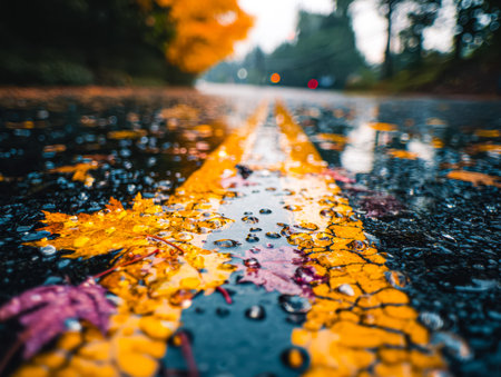 Vibrant fall foliage mirrors vividly on a glistening wet pathway, surrounded by a palette of fiery...
