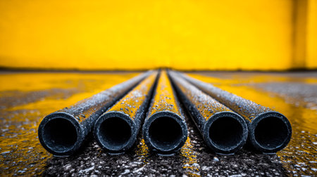 A striking composition of five dark tubes laid out on damp asphalt, set against a vivid yellow...