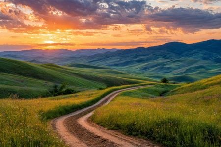 A peaceful rural path meanders through lush, undulating meadows beneath a stunning sunset with vivid...