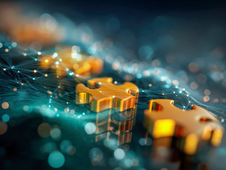 Vibrant golden segments interlinked by radiant digital streams illustrate intricate technological...