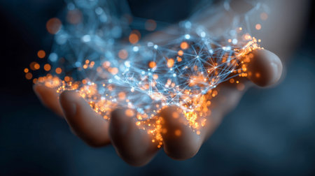 A human palm cradles vibrant, luminous links representing advanced digital communication, set against a shadowy backdrop that evokes mystery and cutting-edge progress.の写真素材