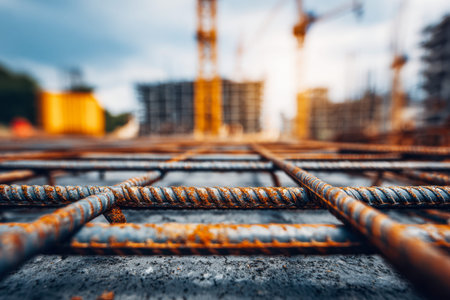 A detailed view of weathered steel reinforcement bars embedded in a concrete base, set against the...