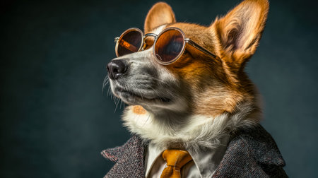 A dapper canine sports sleek sunglasses and a tailored blazer, radiating effortless charm and...